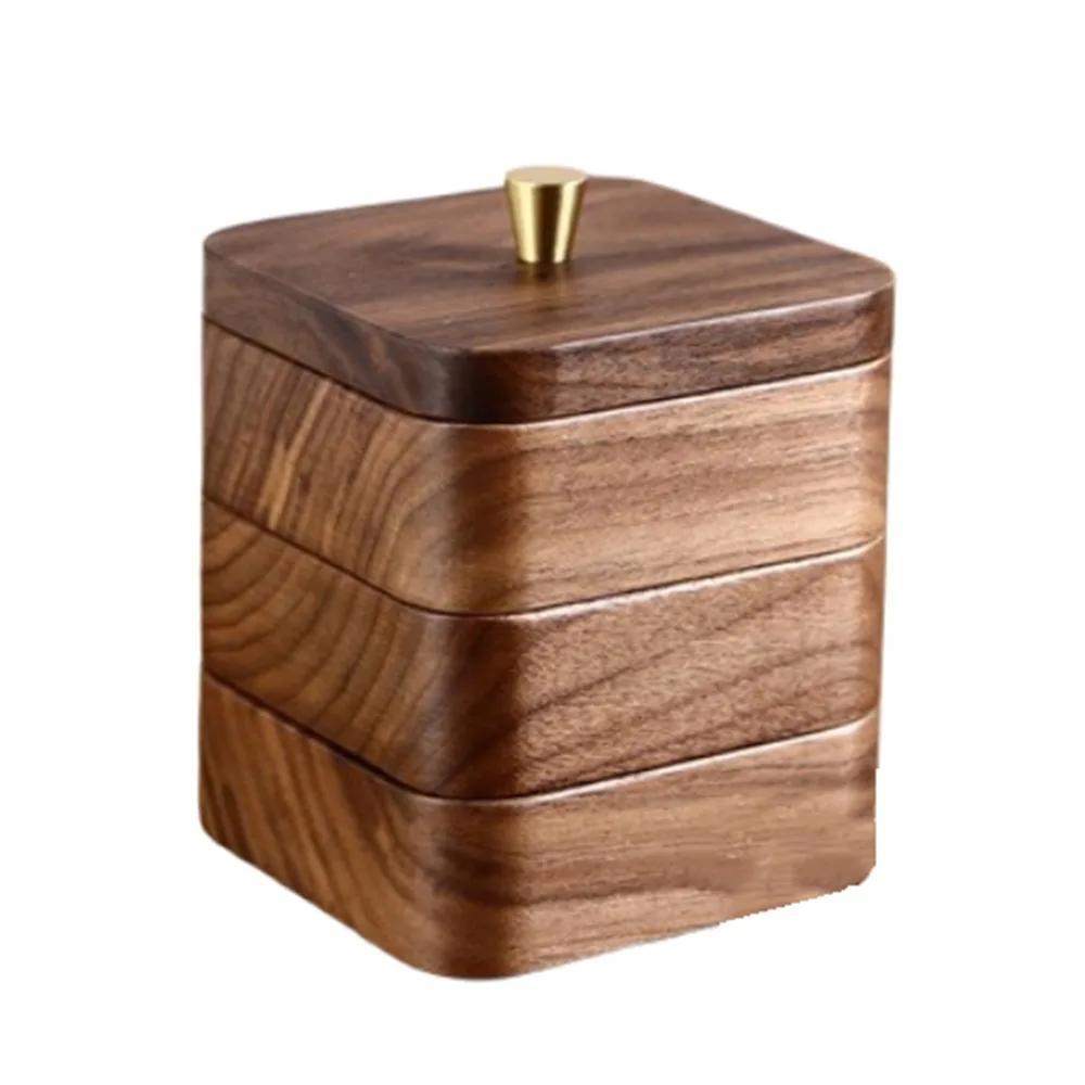 Storage Box Portable Desktop Toothpick Box with Cover Walnut Wood Cotton Swab Jar Reusable Vintage Dental Floss Box Home