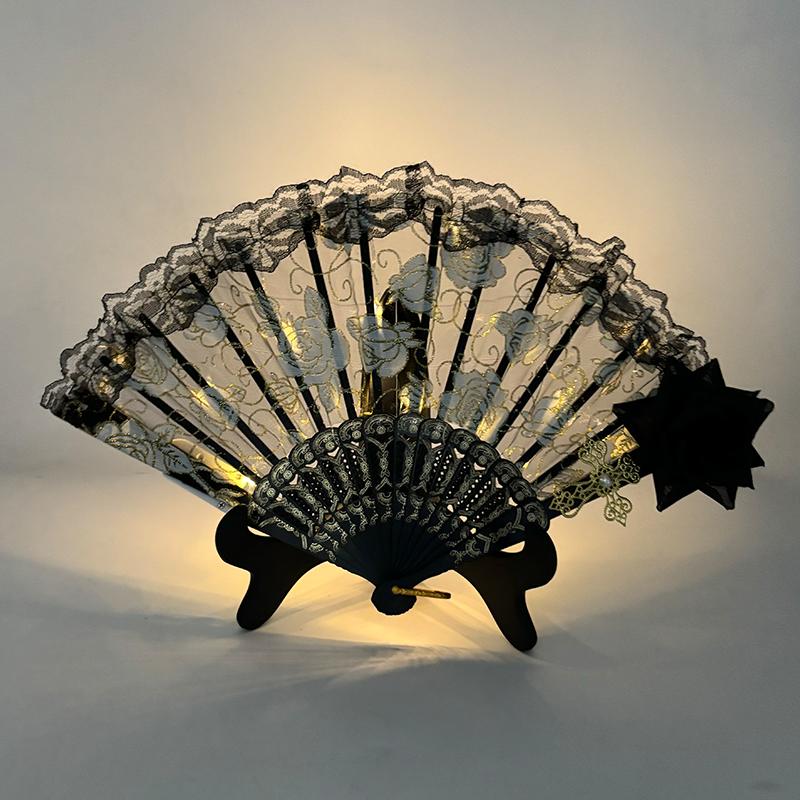 9 Inches Glowing Rose Lace Fan Anime Show Gothic Retro Flower Lolita Cosplay Accessories LED Black Rose Folding Fan Led Fans