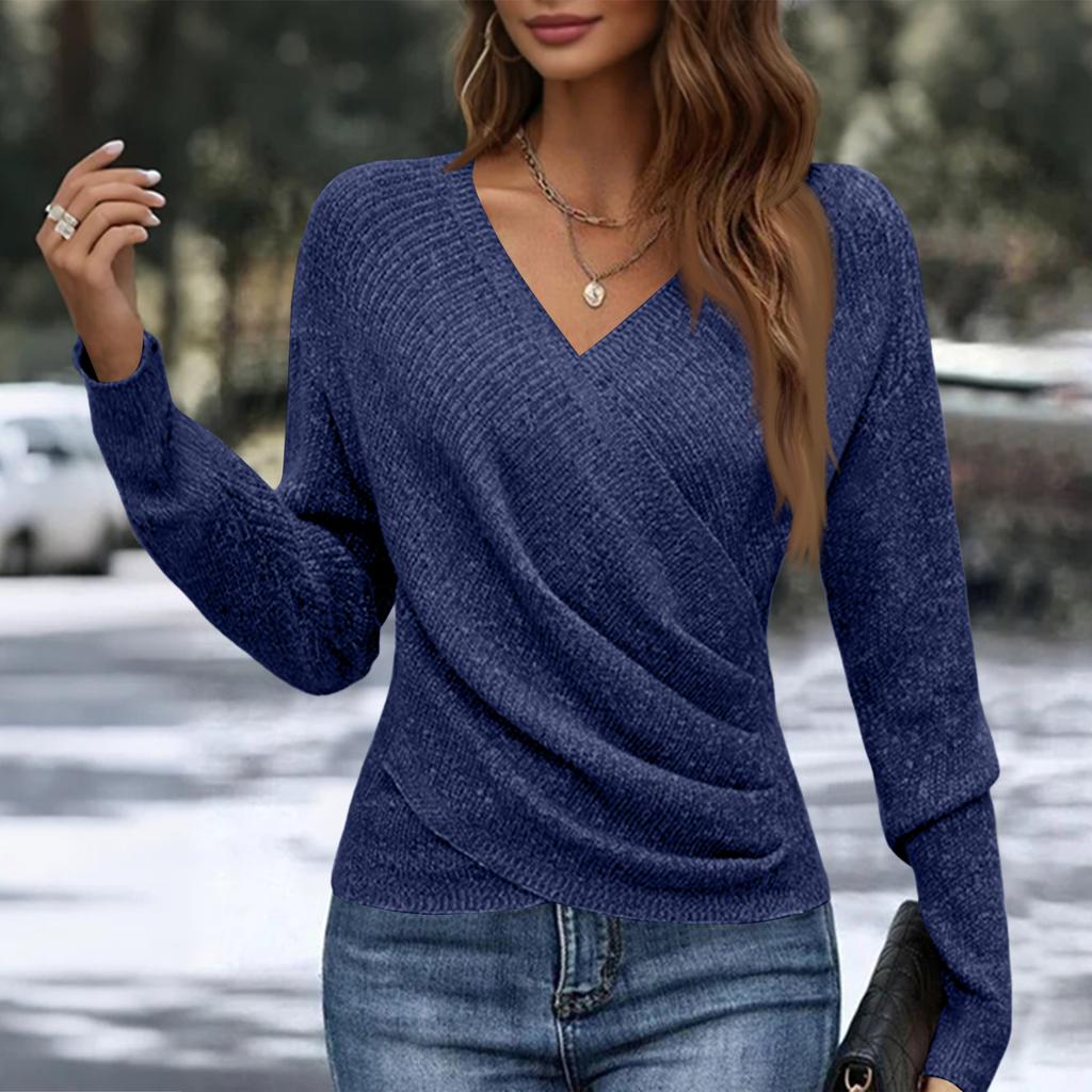 Women's Casual And Fashionable V-Neck Long-Sleeved Crossed -Color Knitted Sweater