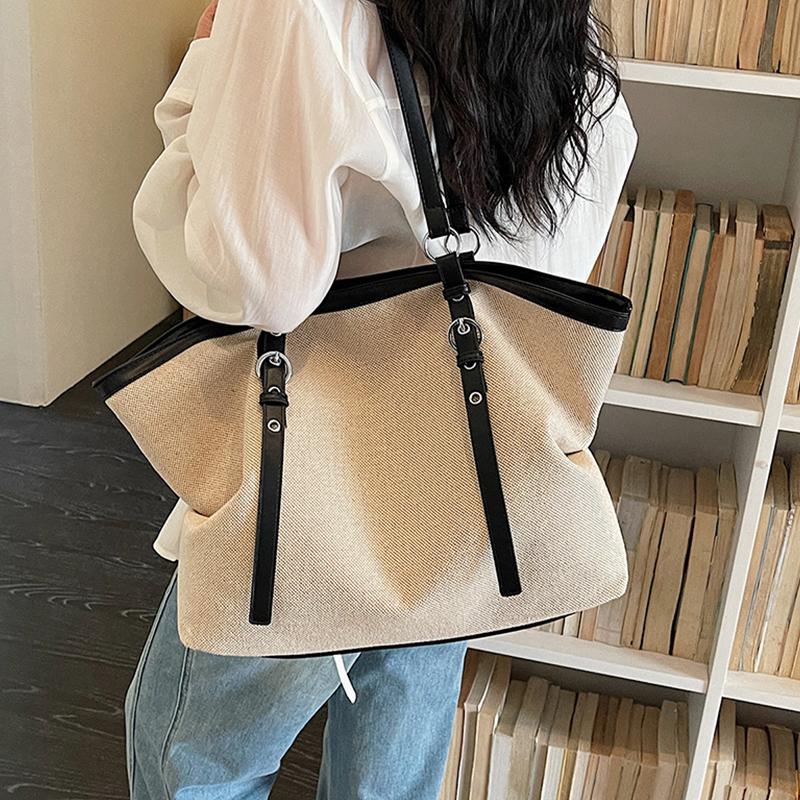 French Retro Leather Strap Buckle Shoulder Bag Simple Color-blocked Zipper Large Capacity Tote Bag Casual Versatile Commuter Bag