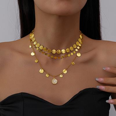 Three-piece Diamond-encrusted Multi-layer Geometric Round Sequined Necklace Necklace