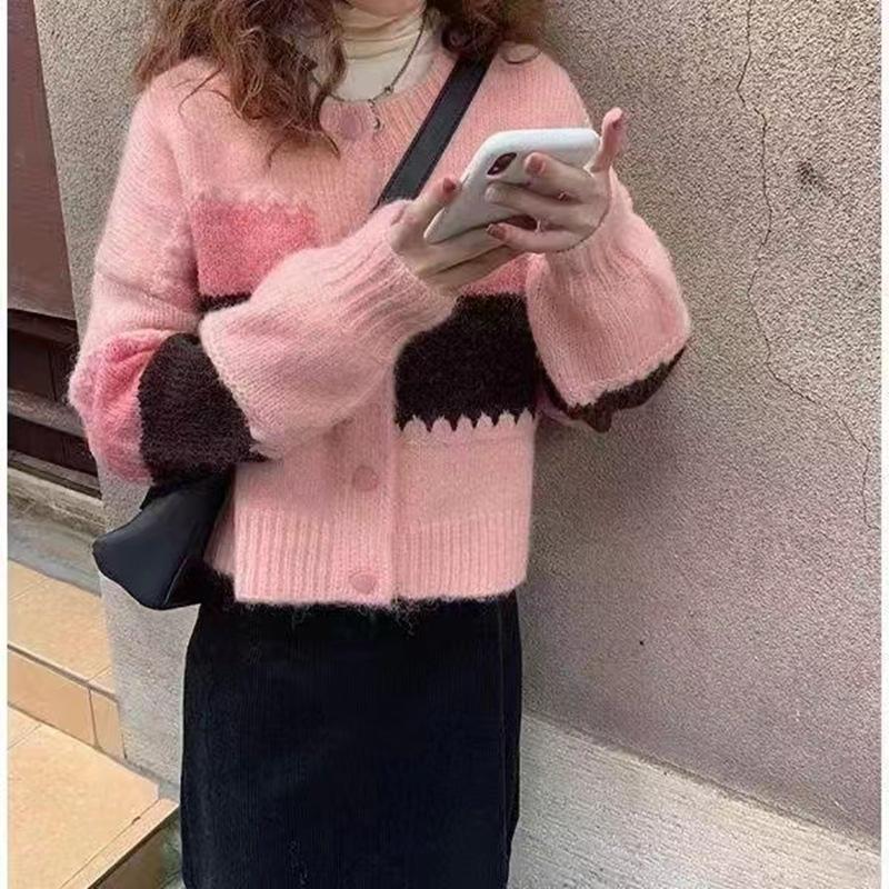 

Свитер кардиган женский осенний ретро гонконгский аромат свободный круглый вырез нежный трикотажный жакет топы удобный универсальный и модный One Size розовый