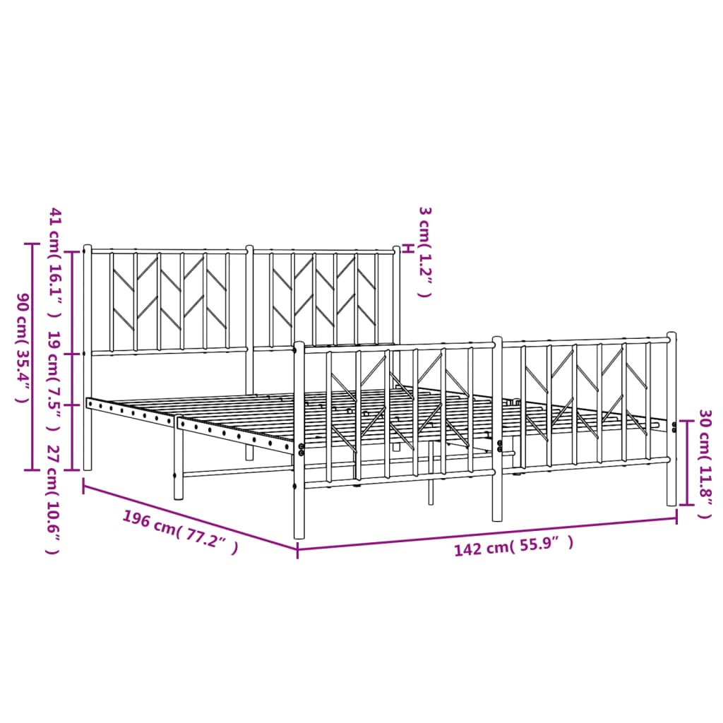 Metal Bed Frame with Headboard and Footboard White 135x190 Cm