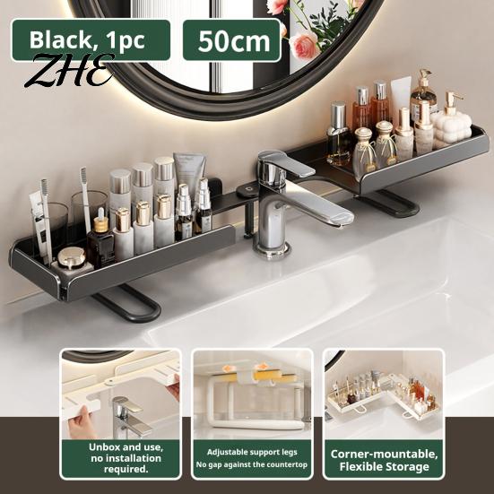 Bathroom Counter Organizer Foldable Faucet Storage Rack, 180 Degree Straight Deployment And 90 Corner No Drill Shelf Turn Two Installation Way,