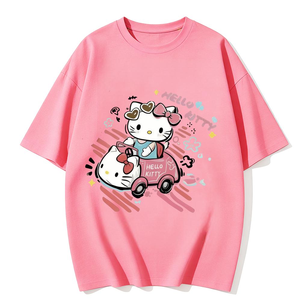 2026 New Arrival Kawaii Hello Kitty Pink Car Print Couple T Shirts Casual Loose Family Matching Outfits Parentchild Tees Tops
