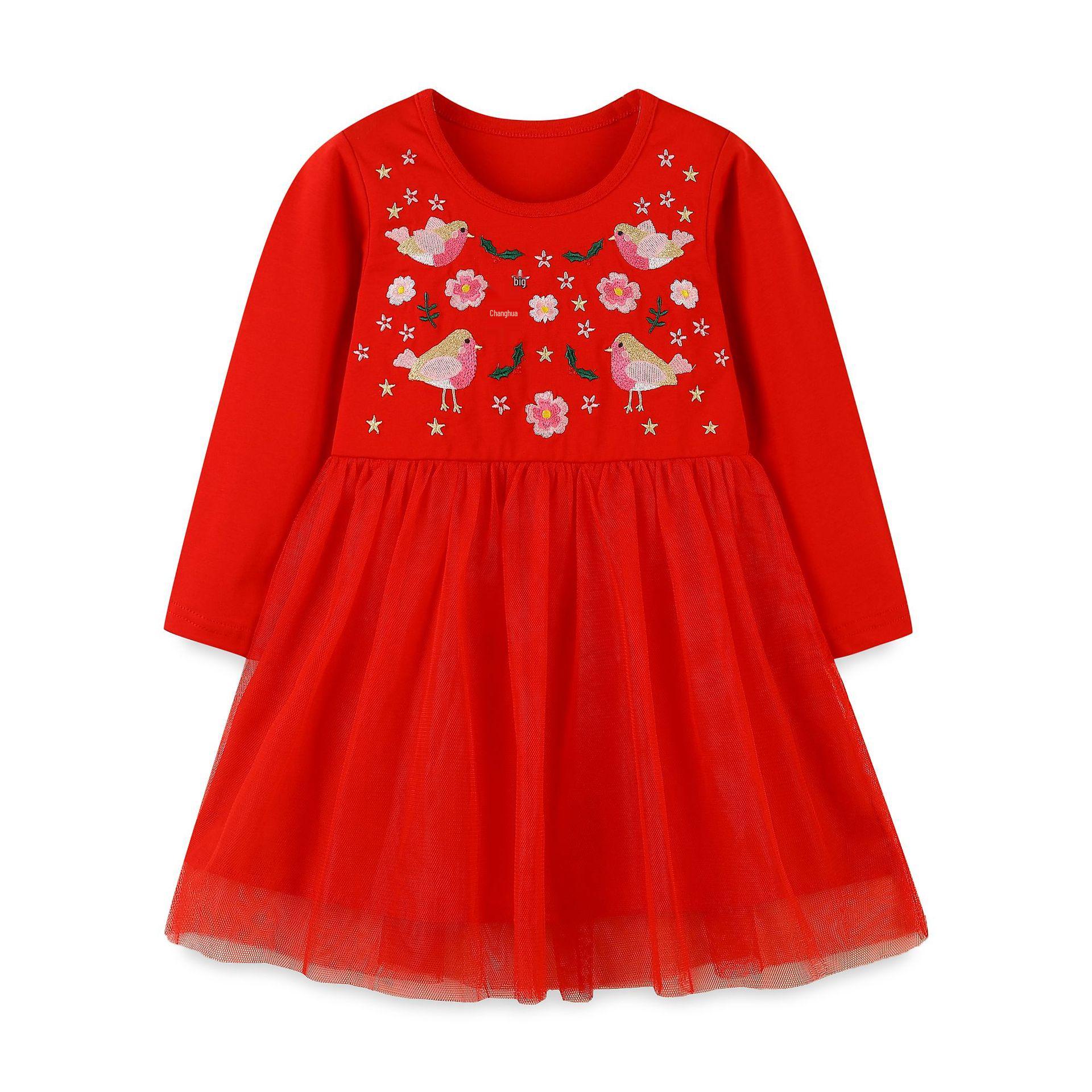 Girls Autumn Mesh Princess Dress with Cute Embroidery - European & American Style 6Y (120cm)