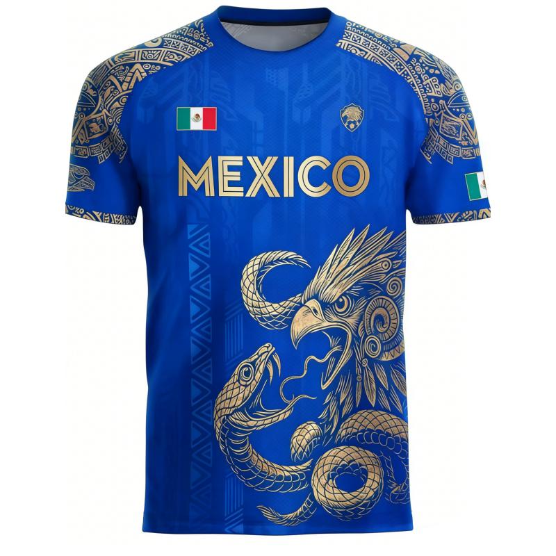 Mexican Flag Printed Men's T-shirt Fun 3D Eagle Pattern Short Sleeve Outdoor Football Sports Casual Top