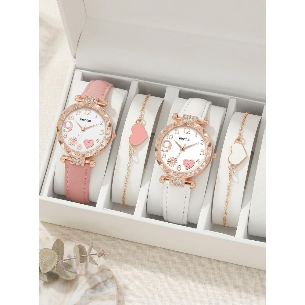 Light Luxury Women's Watch Set, Rose Gold Case with Diamond Bezel, Simple Casual Belt Watch