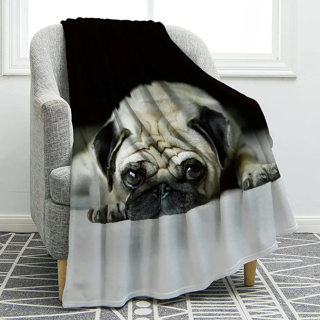 Cute Pet Pug Dog Print Blanket Soft Colorful Flannel Throw Blanket for Sofa Chair Bed Office Travelling Camping Lightweight