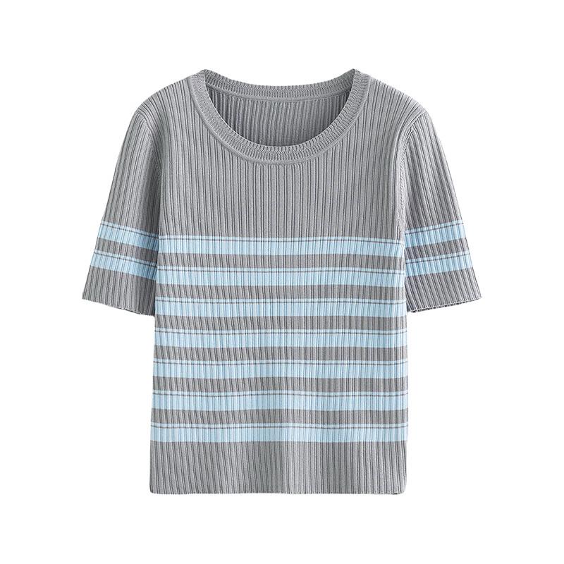 Chuyu Women's Ice Silk Striped Short Sleeve Knit Top