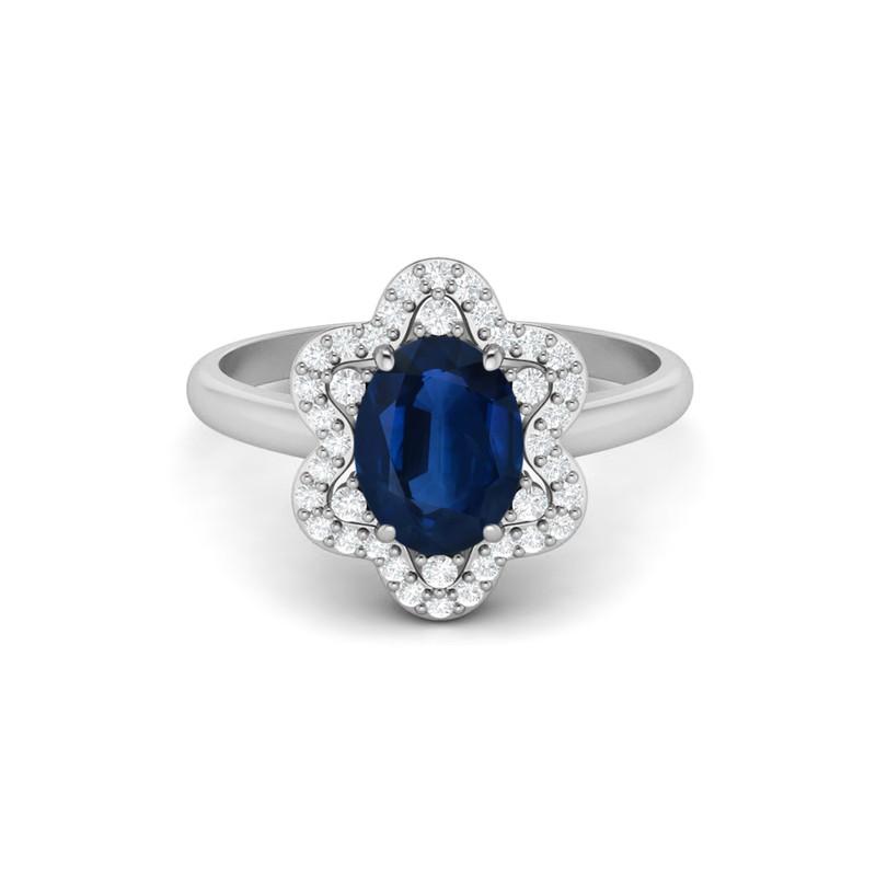 8X6MM Oval Blå Safir Ädelsten 925 Sterlingsilver Solitär Halo Dam Förlovningsring