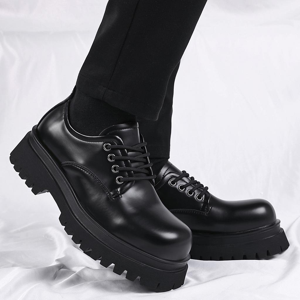 2025 New Men's Shoes Trendy Brand High-end Big Head Leather Shoes Black Low-top Martin Shoes Casual Platform Derby Shoes