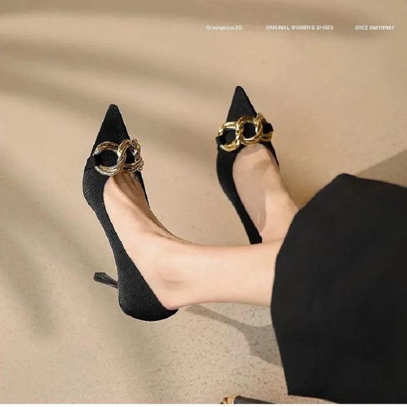 2025 Spring and Summer New Women's European and American Style Metal Chain Pointed Shallow Cut Thin High Heel Single Shoes