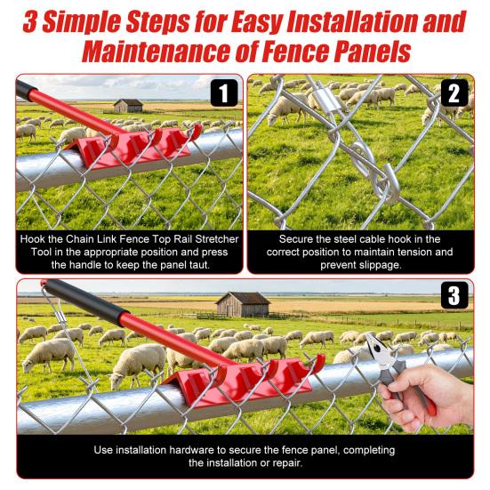 Top Rail Fabric Hanging Tool Chain Link Fence Tensioner Tool Heavy Duty Steel Stretcher with Heavy-Duty Cable Hook & Non-Slip Handle for One-Person