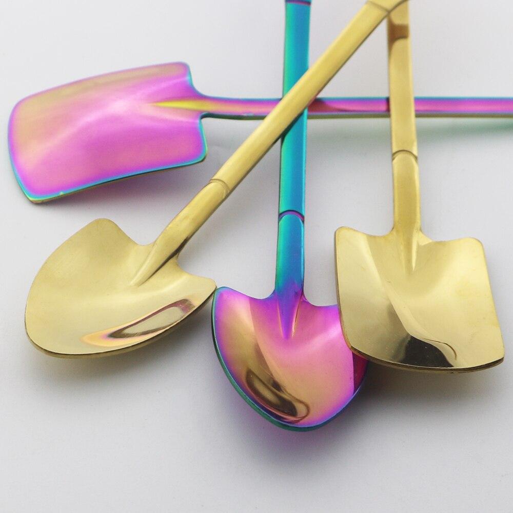 Dinnerware Gold Retro Shovel Flat Coffee Tea Ice Cream Spoons Gift Creative Bar Stainless Steel 304 Dessert Spoon Set Housewares
