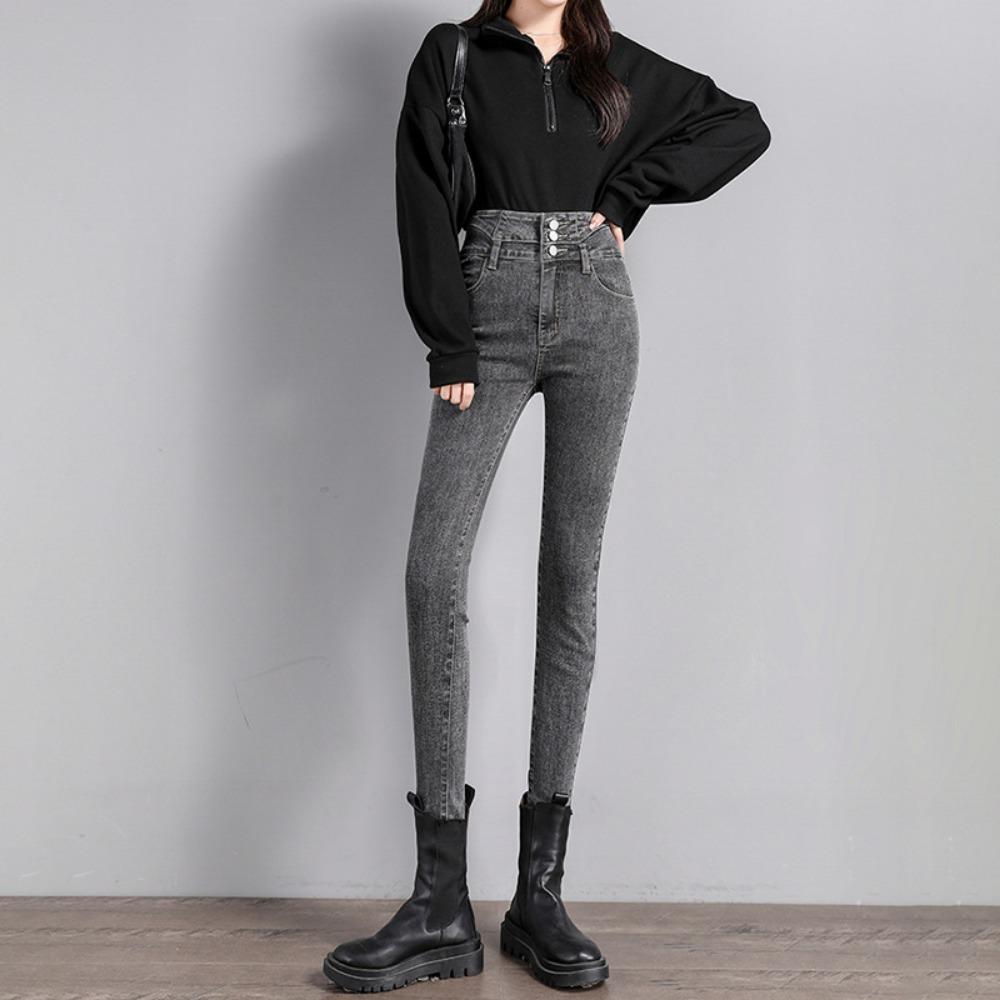 Breasted Jeans Women's Autumn and Winter 2025 New High-waisted Slim-fitting Pencil Pants Elastic Leggings