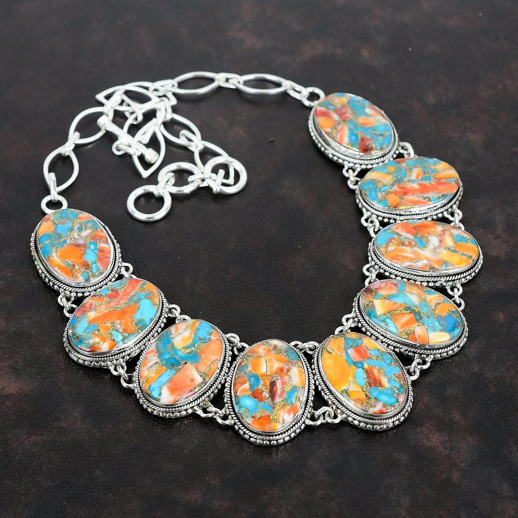 Spiny Oyster Copper Turquoise Gemstone Necklace 925 Sterling Silver Necklace Handmade Adjustable Chain Necklace Vintage Jewelry Gift For Mom