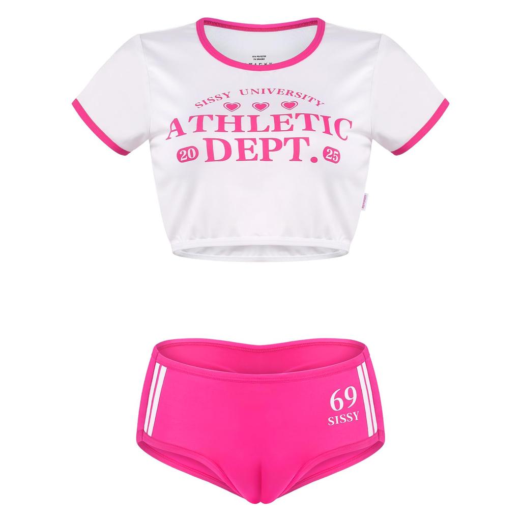 [LittleForBig] Men's Bralette 2-Piece Gym Wear Set [Welcome to Sissy World] Silky Crop Top and Panties Camel Toe Covered Back Shirring Rose S