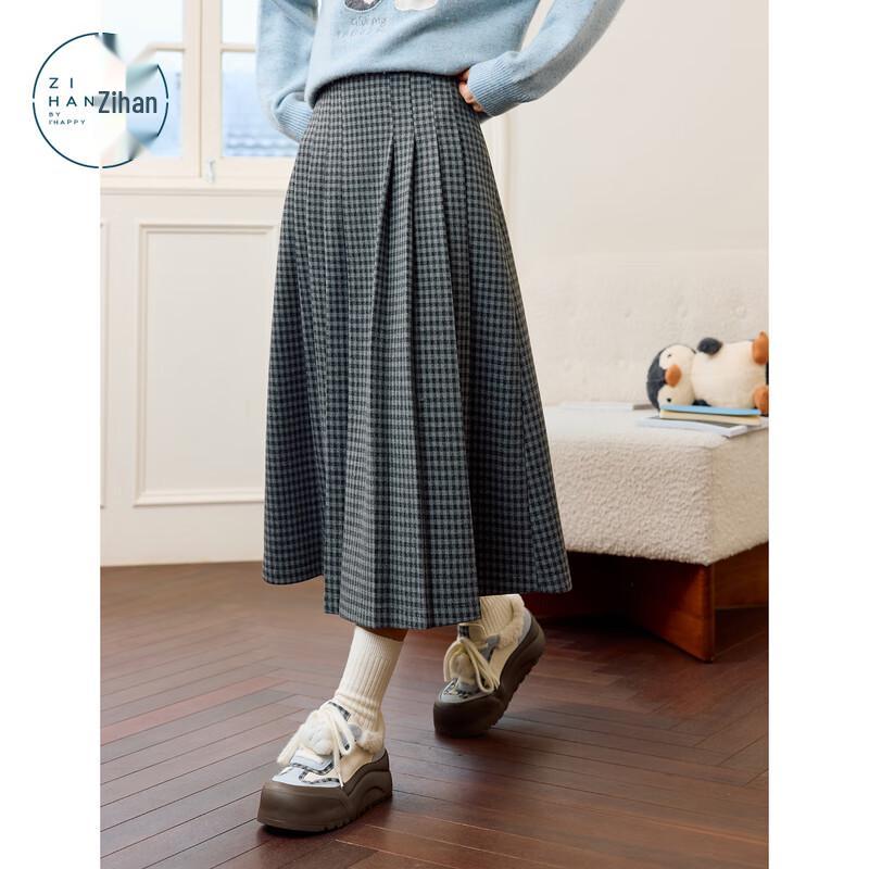 ZIHAN Grey Plaid Pleated A-line Skirt M