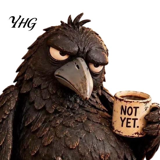 Funny Coffee Cup Raven Figurine with Mug, Resin Crow Statue, Realistic Animal Sophisticated Desk Accessory Ornament for Home Decor, Creative