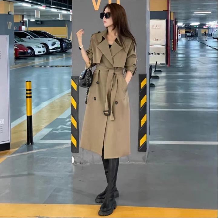 Women's 2025 Spring/Autumn French Trench Coat: British Style, Double-Breasted, Over-the-Knee, Mid-Length, Loose Fit