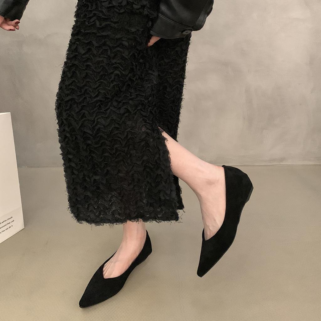 Retro Low-heeled Pointed Head Shallow Mouth Single Shoes Women's Shoes New Spring and Autumn Suede Temperament One-pedal Commuter Shoes
