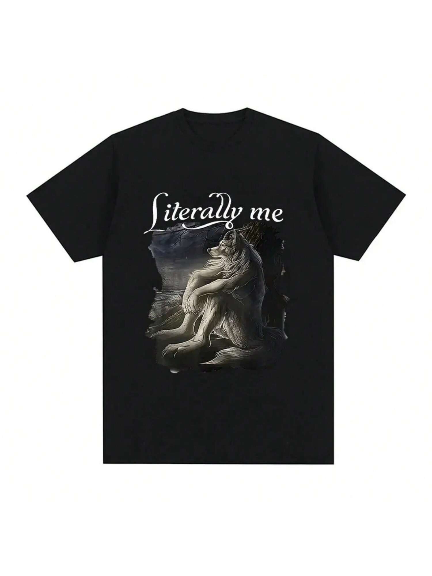 Sitting Wolf Literally Me Funny Meme T-Shirt  Casual Short Sleeved Plus Size T-Shirt Hip Hop Retro T-Shirt S разноцветный