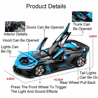1:32 Bolide Divo Metal Diecast Car Model Toy Pull Back Music Light Miniature Vehicle Collection Gifts Decorative Toys Models