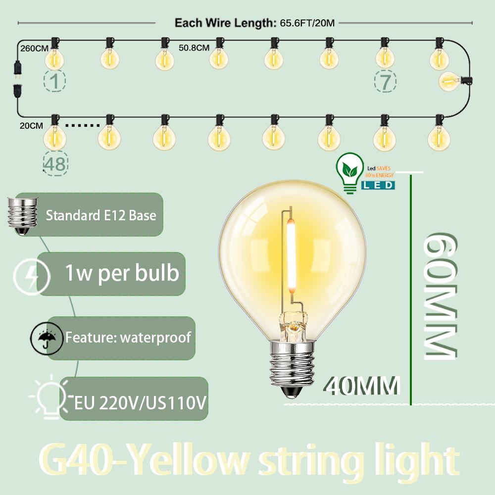 Patio String Lights Colorful G40 RGB Festoon Light Chain Outdoor EU US E12 Retro Street Garland For Garden Backyard Decoration