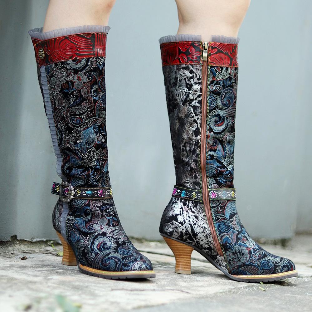 2024 podzimní a zimní nové ručně barvené pravé prošívané retro dvorní styl krajkový okraj boty na vysokém podpatku