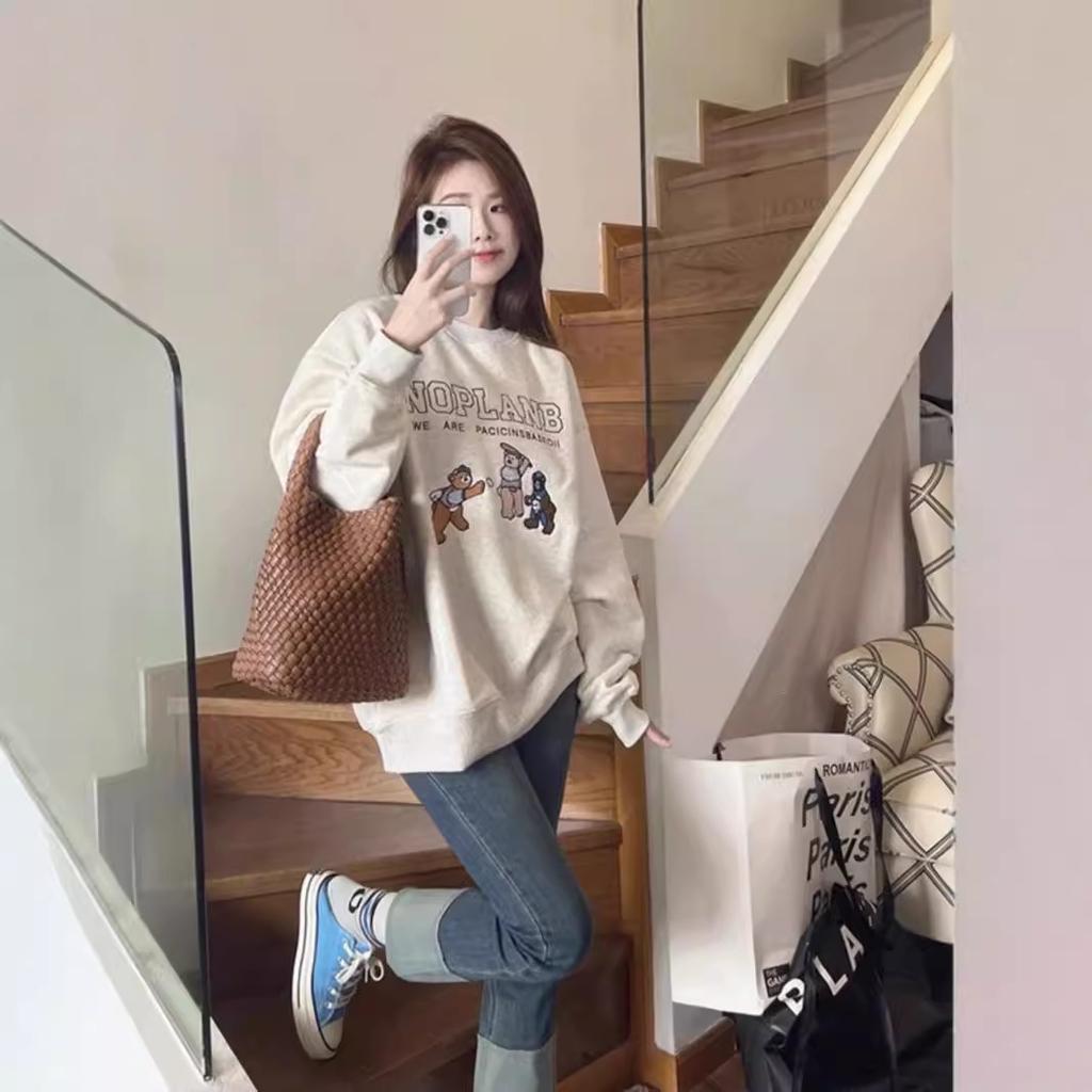 Crew neck sweater women's casual new bear foreign style loose love printing fleece thickened cover