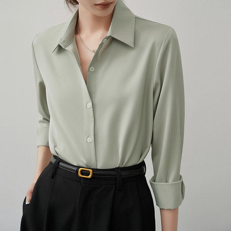 Women s Petite Acetate Satin Long Sleeve Shirt - French High-End Style for Spring & Autumn 2026 Extra Large светло-зеленый