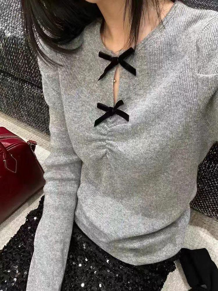 Winter Soft Slim Hollow-Out Knit Sweater with Bow Detail