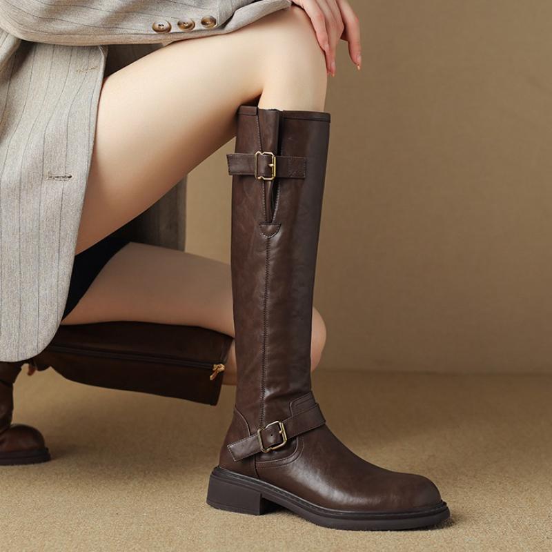 Autumn Winter Belt Buckle Women Knight High Boots Street Style Ladies Short Plush Slim Long Booties Botas De Inverno Feminina