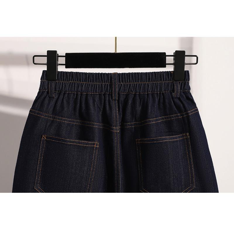 Dimanaf Plus Size Jeans Women Shorts Pants Summer Loose Short Basic High Waist Striped Pants Elastic Waist