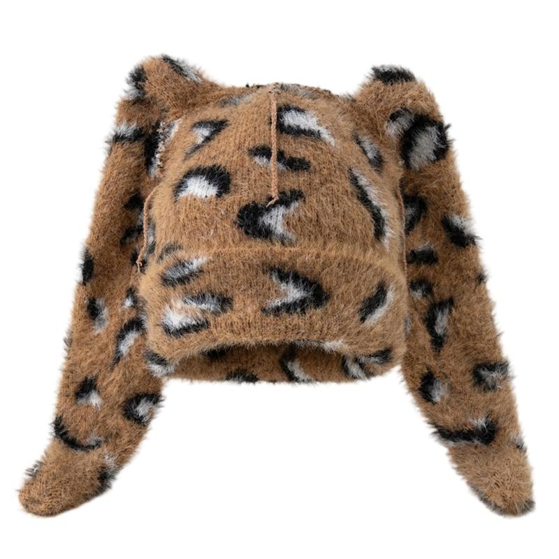 

Long Ears Leopard Print Winter Hat Soft Acrylic Knit Beanies Casual Autumn Hat For Cold Weather Men Women хакі