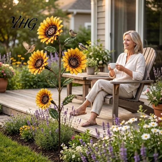 Outdoor Floral Landscaping Accents Vintage Sunflower Hummingbird Feeder, Metal Garden Stake Water Station, Decorative Lawn Stakes Bird Feeding
