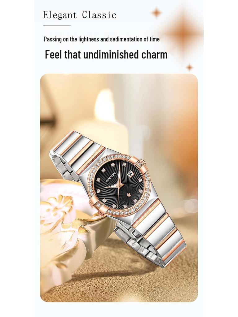 Sanda Women's Luminous Sunray Dial Quartz Watch with Vintage Calendar & Diamond Accents, Waterproof.