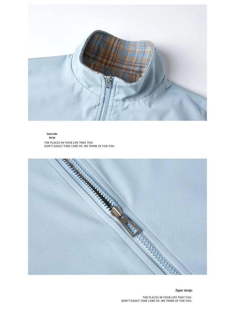 Męska gładka kurtka w kratę z zamkiem i kołnierzem stojącym na 2025 - Uniwersalna, Przystojna warstwa na wiosnę/jesień