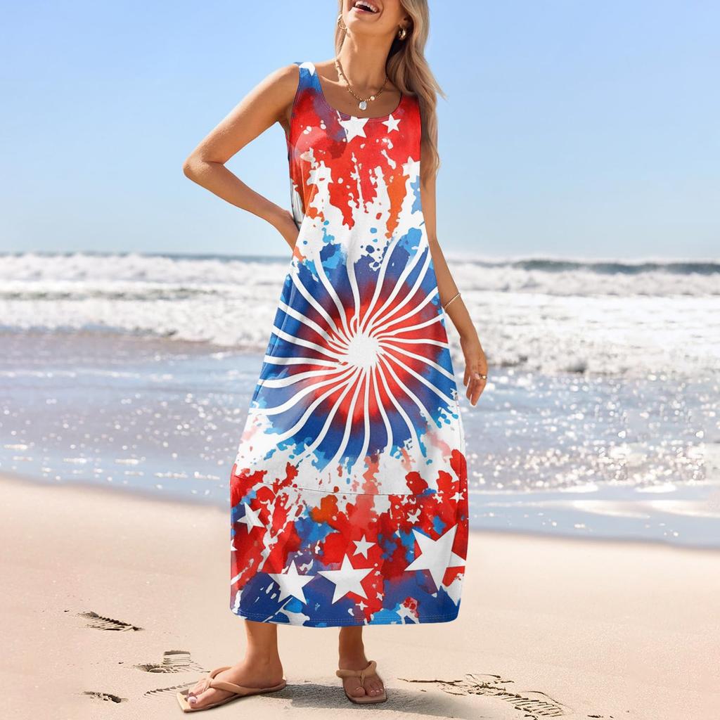 Women's Casual Long-length Sundress Summer Beach Dress Round Neck Sleeveless Loose Sundress