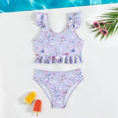 Zweiteilige Badebekleidung für Mädchen, Blumendruck, lila Bikini-Set, Rüschen, Fliegenärmel, Badeanzüge, Sommer, Mädchen, Strandkleidung, 5–14 Jahre