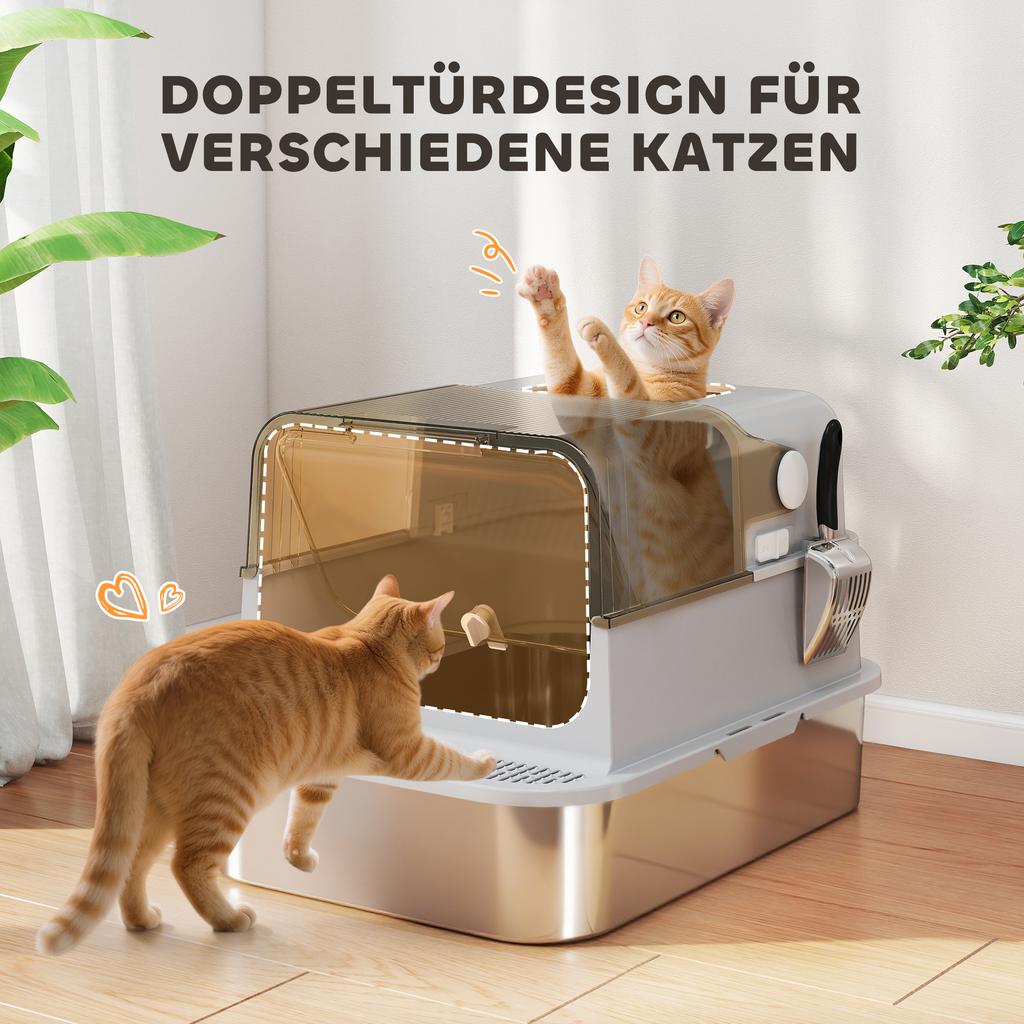 XXL Stainless Steel Cat Litter Tray, Enclosed Cat Litter Box with 90 degrees Flip Cover, Double Doors, Scoop, Easy Clean, Grey