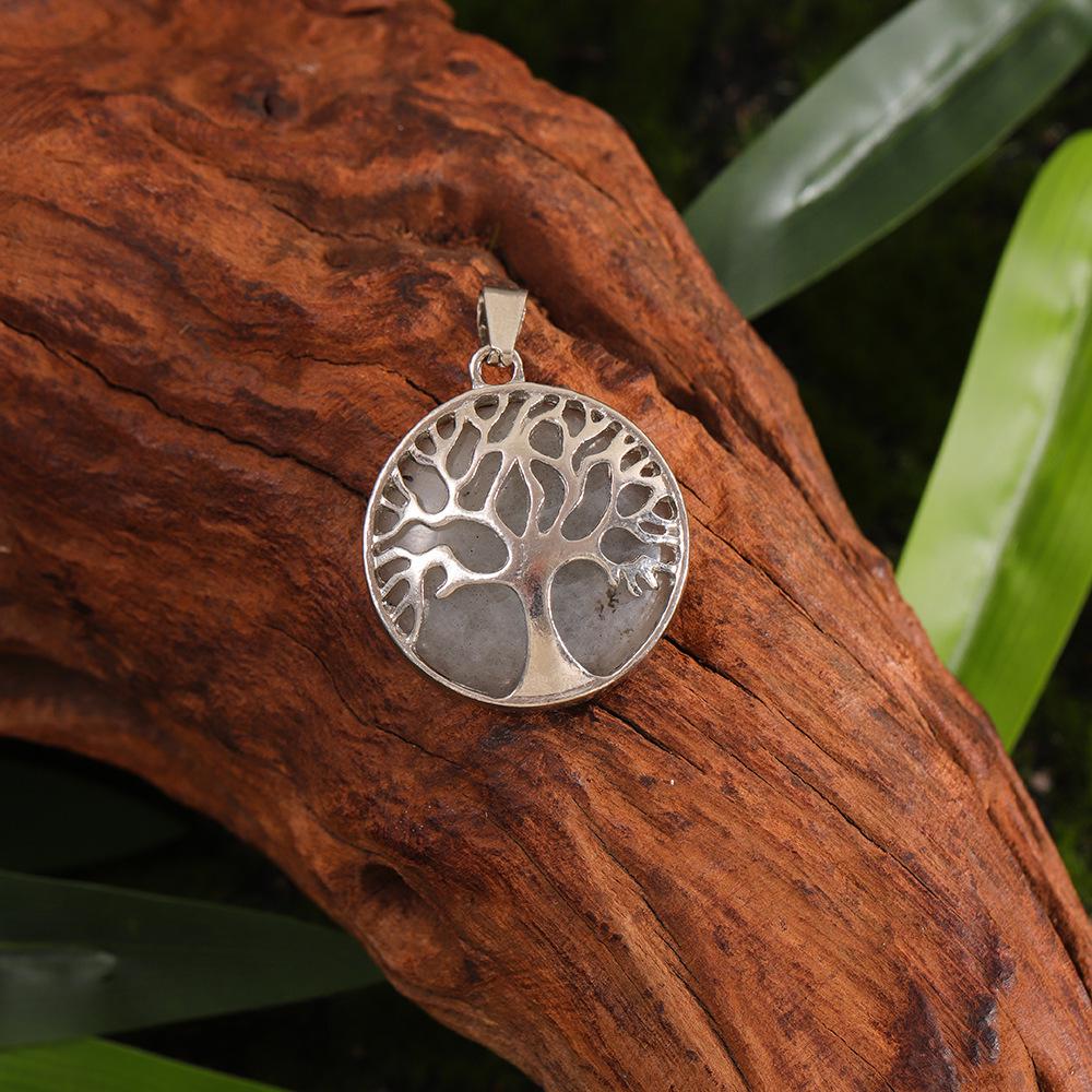 Cross Hollow Life Tree Pendant: Natural Crystal Agate Money Tree Necklace, Natural Stone Round Wishing Tree Pendant.