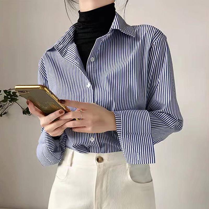 Fashion New Long Sleeve Blue Striped Shirts Women Summer Simple Elegant Loose Women's Blouses Office Lady Tops Button Up Shirt Female Clothing 26134