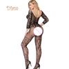 Lollipops Embroidery Hollow Mesh Crotchless Women Bodystocking Sexy See-through Bodysuit