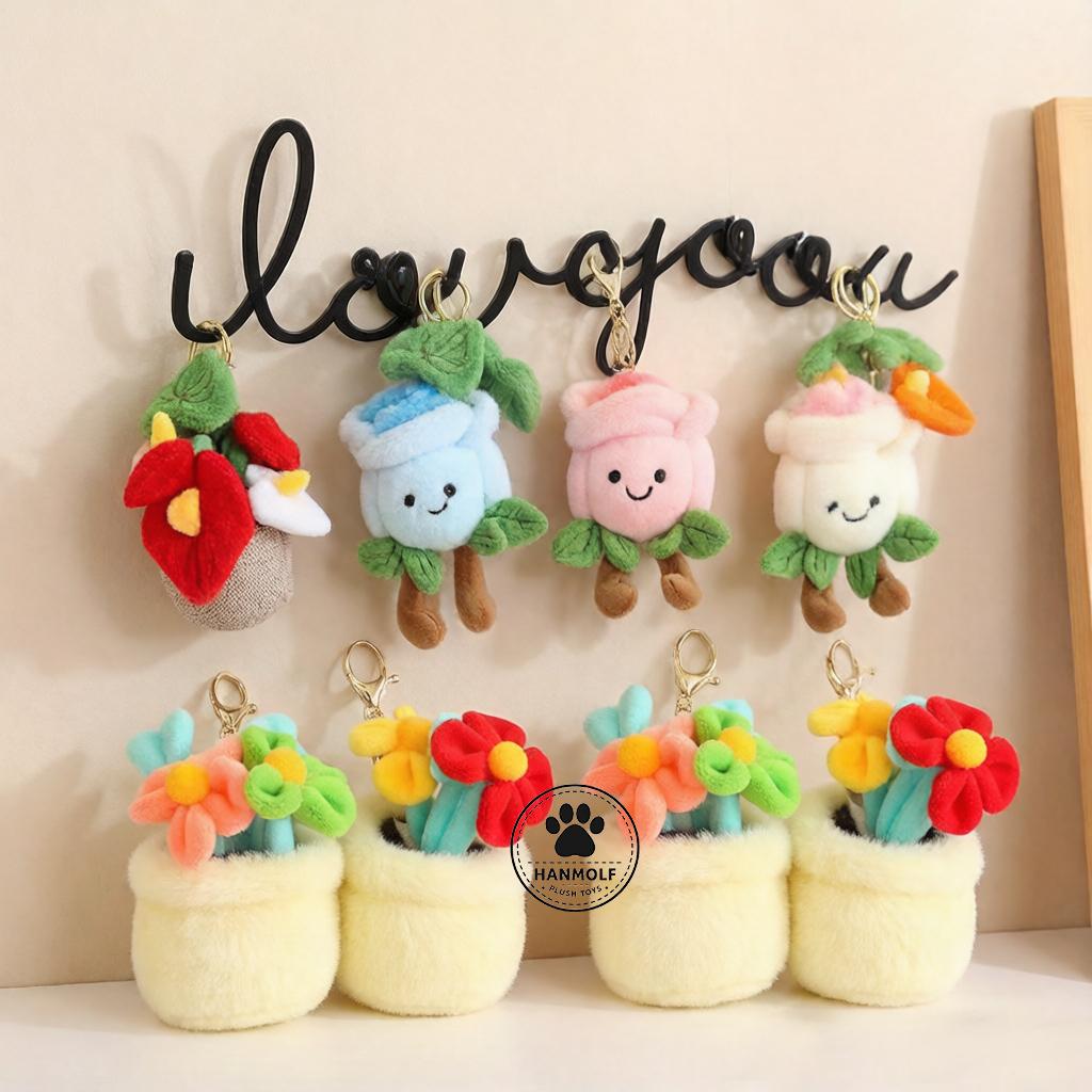1pc Flowerpot Plush Flower Pendant Cute Key Ring Keychain Rose Tulip Anthurium Succulent Plant Stuffed Fashion Accessory Gift