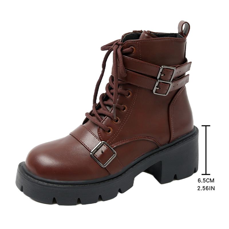 Fashion Chunky Platform Combat Boots for Women Fashion Buckle Strap Thick Heel Ankle Boots Woman Autumn Winter Black PU Leather Booties