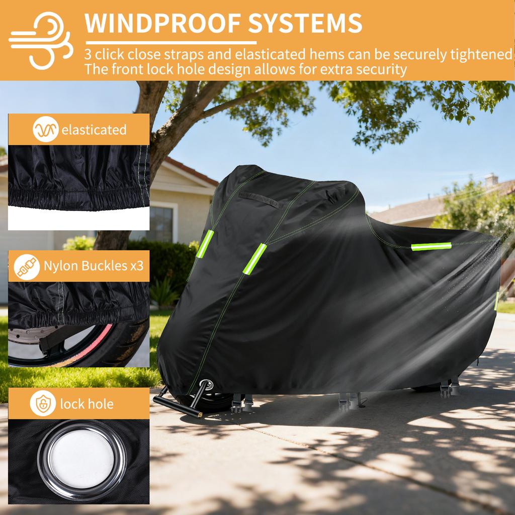 Waterproof Outdoor Motorbike Cover Heavy Duty 210D Universal Motorcycle Covers with Reflective Strips Lock-Holes Storage Bag