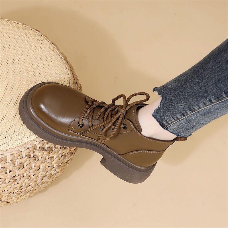 British-Style Women's Vintage Leather Lace-Up Martin Boots - Height-Increasing, Wide-Foot, Short French Design