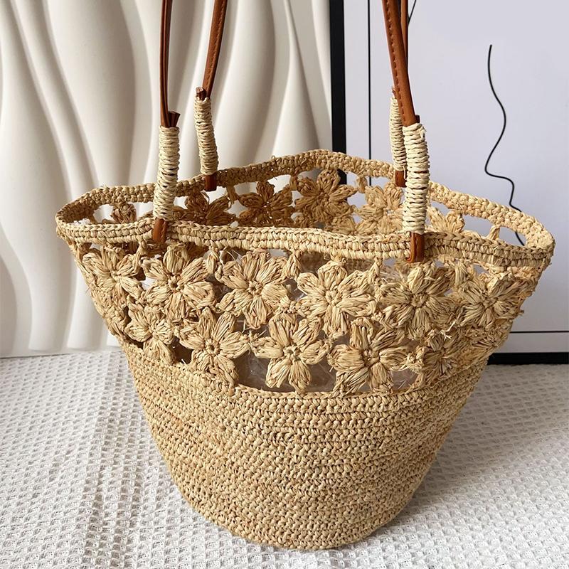 

Raffia Crochet Flower Straw Tote Bag Handmade Woven Shoulder Bag Summer Beach Vacation Casual Handbag Large Capacity Women Bag 33x20x21cm